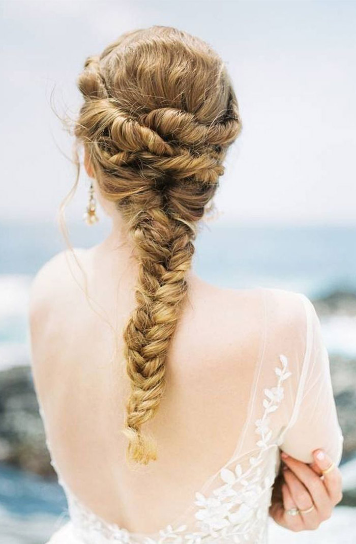 romantic fishtail braid wedding ponytail hairstyles for beach wedding