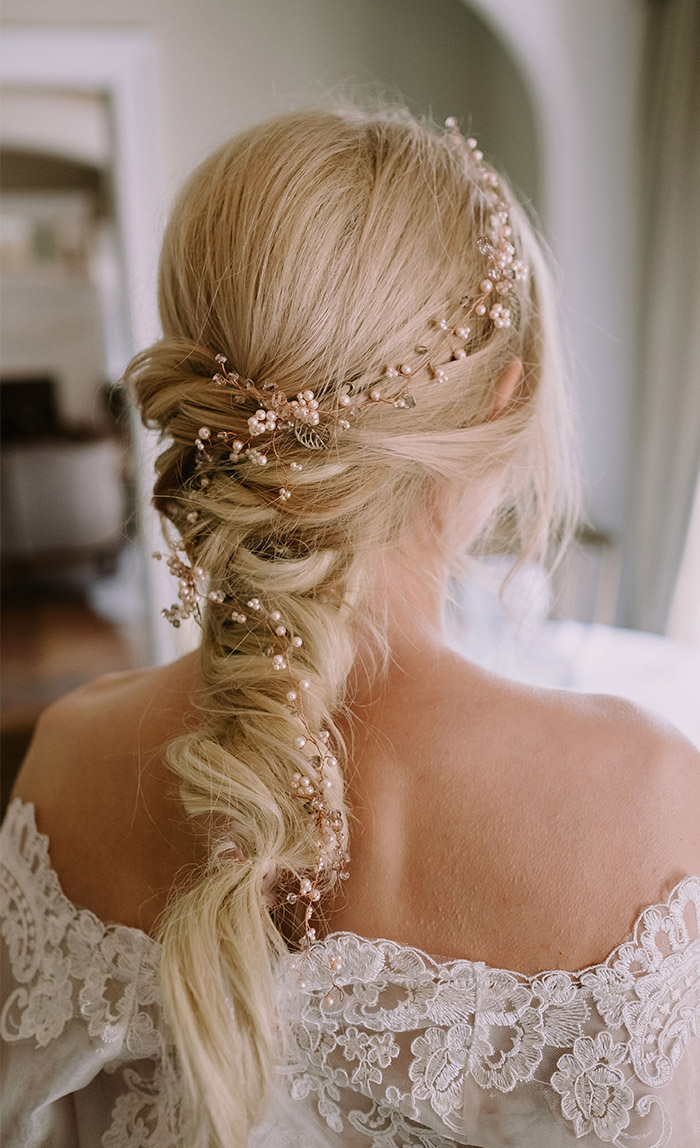 romantic loose twisted wedding ponytail with Jewelry