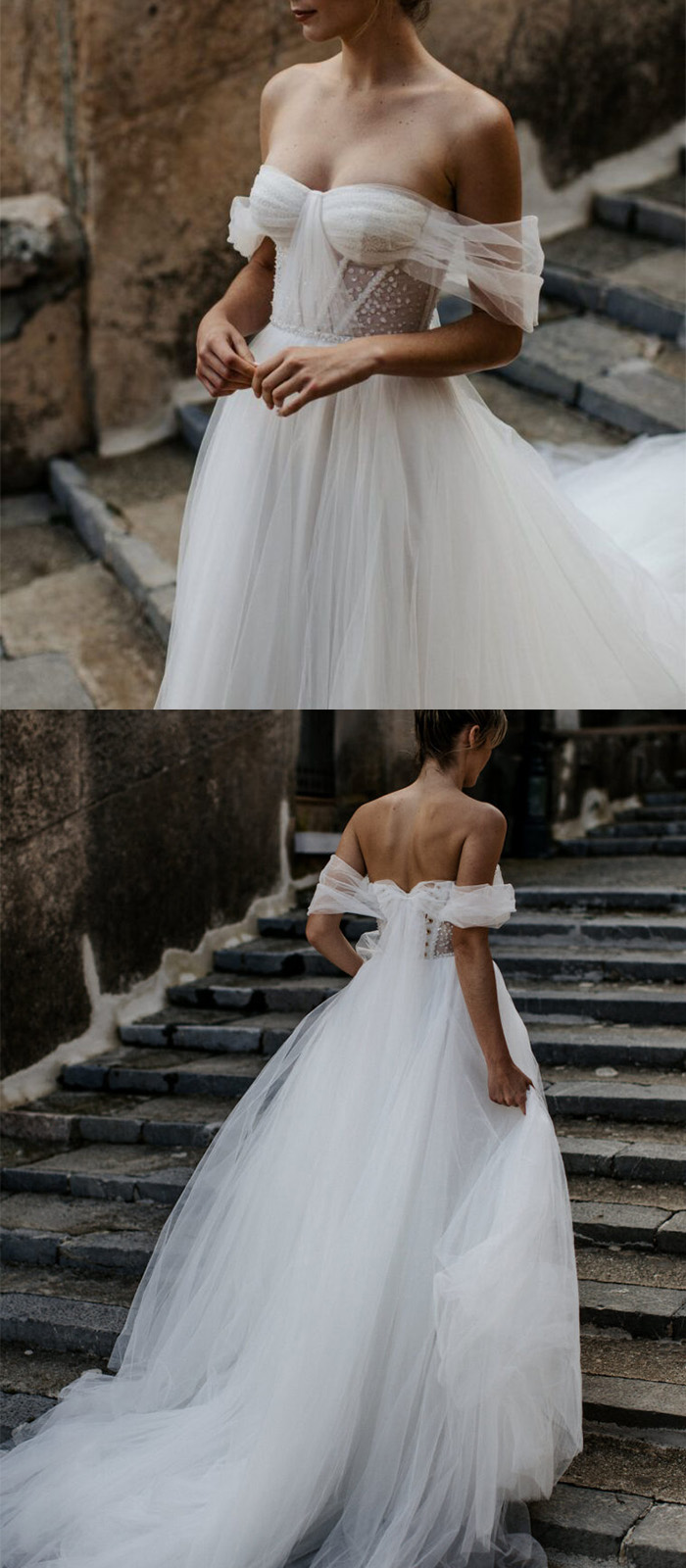 romantic tulle wedding dresses with off shoulder sleeves