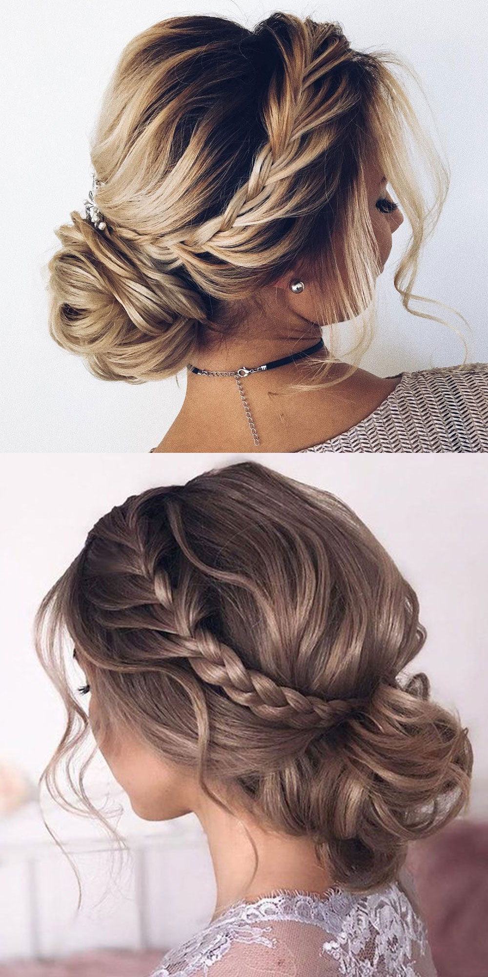 side braided and low bun weddng updo hairstyles